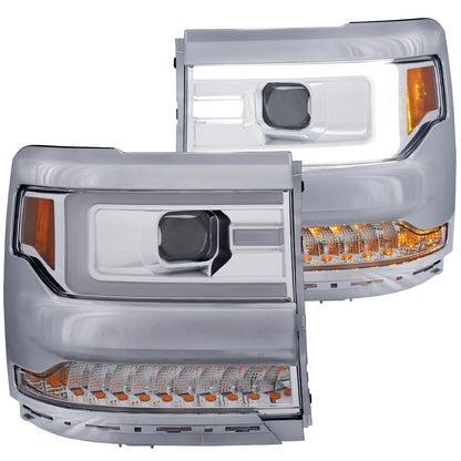 Headlight Set Projector Clear Lens Chrome Housing Pair W/Plank Style Design W/Amber W/O HID Kits Chevrolet Silverado 1500 2016-2018 AnzoUSA