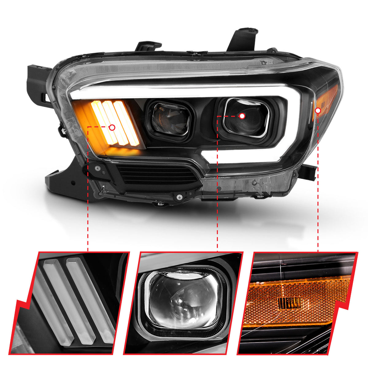Projector Headlights W/ Plank Style Design Black/Amber W/ DRL Toyota Tacoma 2016-2023 AnzoUSA-3