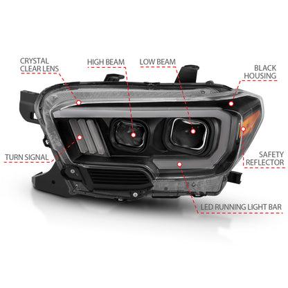 Projector Headlights W/ Plank Style Design Black/Amber W/ DRL Toyota Tacoma 2016-2023 AnzoUSA-4