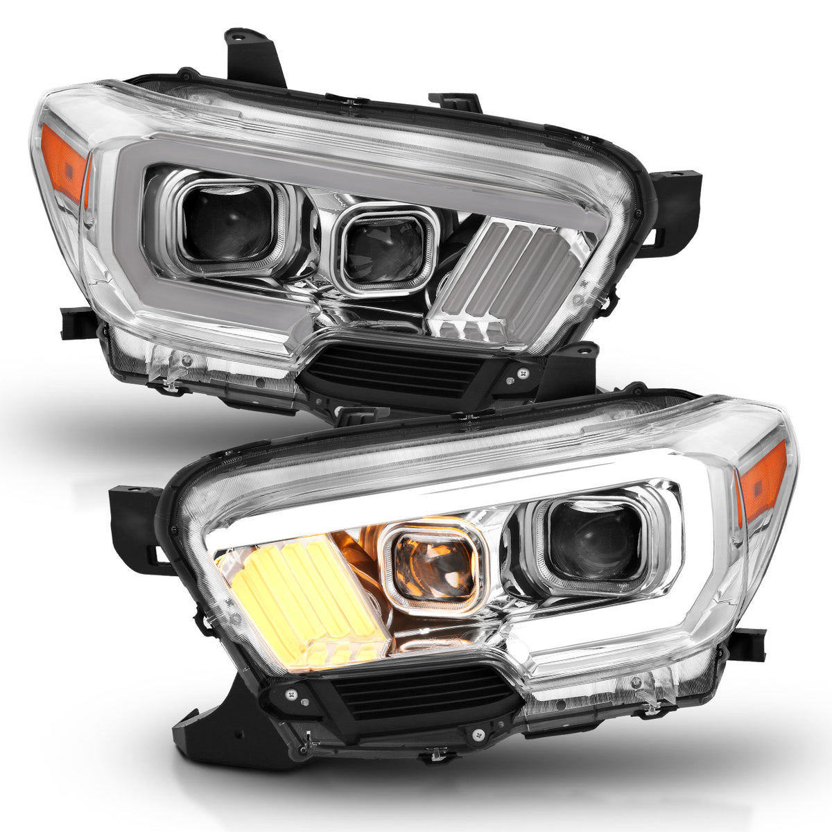 Projector Headlights W/ Plank Style Design Chrome/Amber W/ DRL Toyota Tacoma 2016-2022 AnzoUSA
