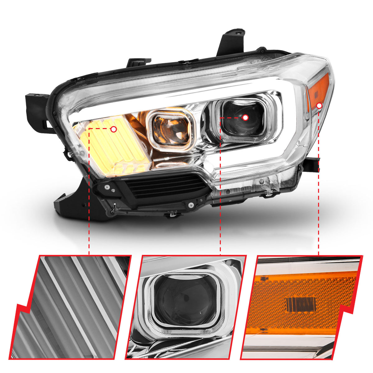 Projector Headlights W/ Plank Style Design Chrome/Amber W/ DRL Toyota Tacoma 2016-2022 AnzoUSA-4