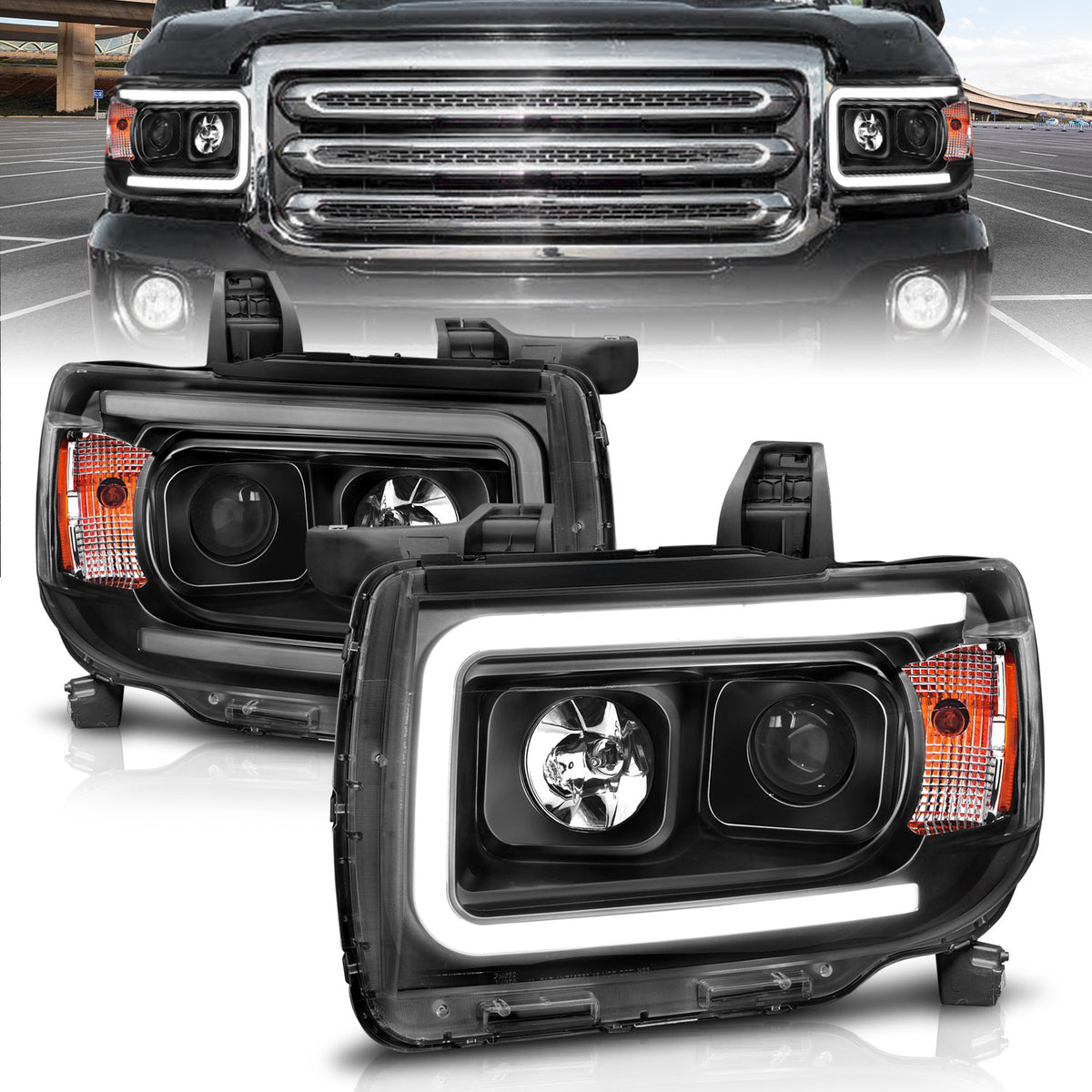 Projector Headlights W/ Plank Style Design Black W/ Amber GMC Canyon 2015-2022 AnzoUSA-3