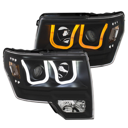 Projector Headlights W/ U-Bar Switchback Black W/ Amber Ford F-150 2009-2014 AnzoUSA