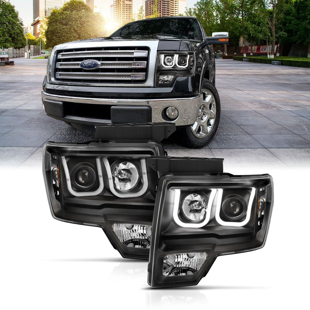 Projector Headlights W/ U-Bar Switchback Black W/ Amber Ford F-150 2009-2014 AnzoUSA-1