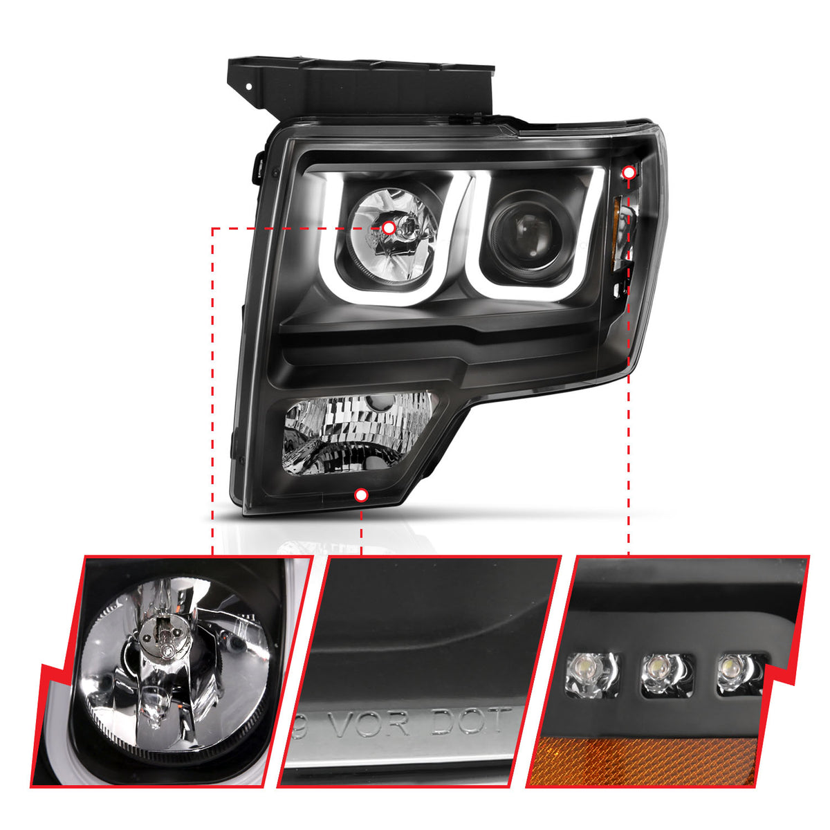Projector Headlights W/ U-Bar Switchback Black W/ Amber Ford F-150 2009-2014 AnzoUSA-3