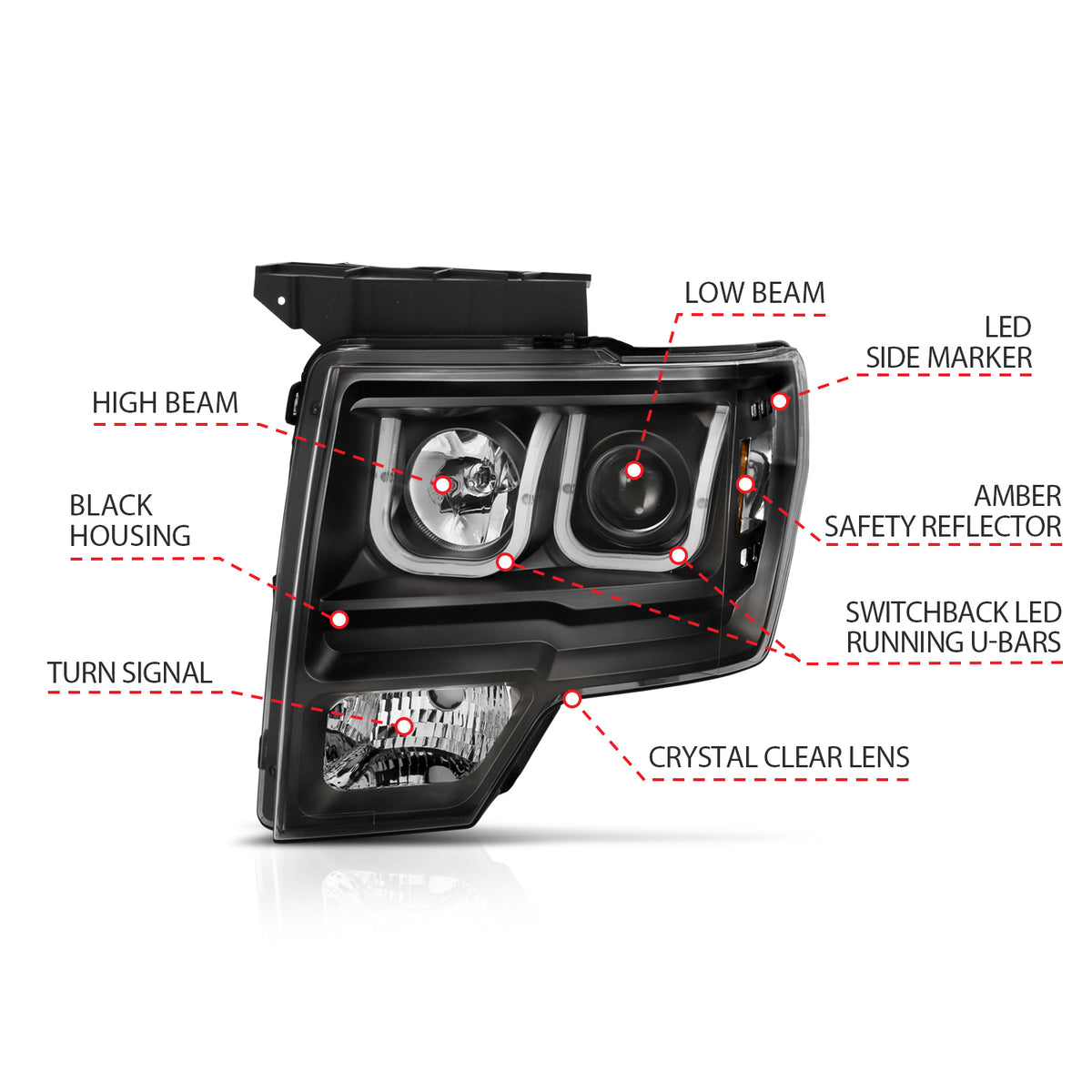 Projector Headlights W/ U-Bar Switchback Black W/ Amber Ford F-150 2009-2014 AnzoUSA-4