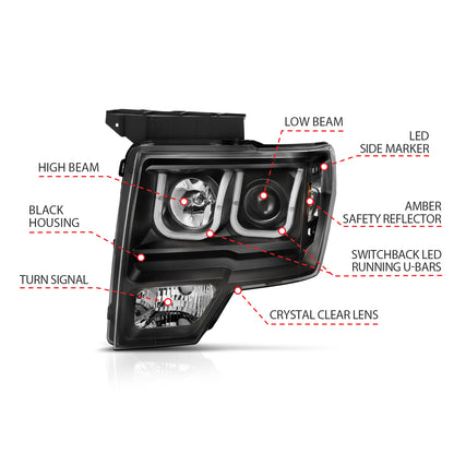 Projector Headlights W/ U-Bar Switchback Black W/ Amber Ford F-150 2009-2014 AnzoUSA-4