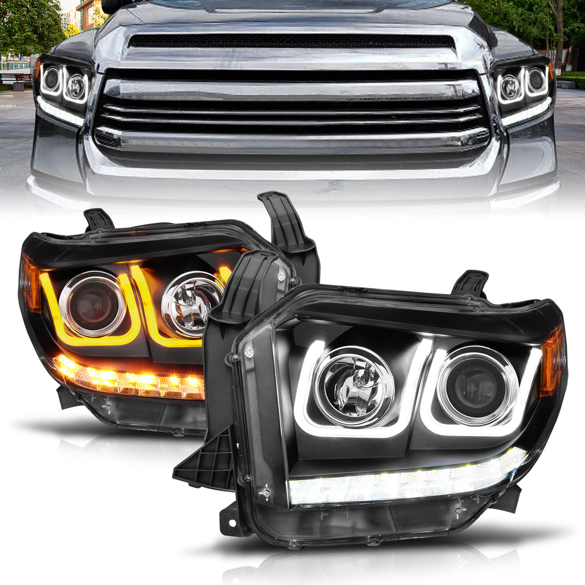 Projector Headlights W/ U-Bar Switchback Black W/ Amber Toyota Tundra 2014-2019 AnzoUSA-3