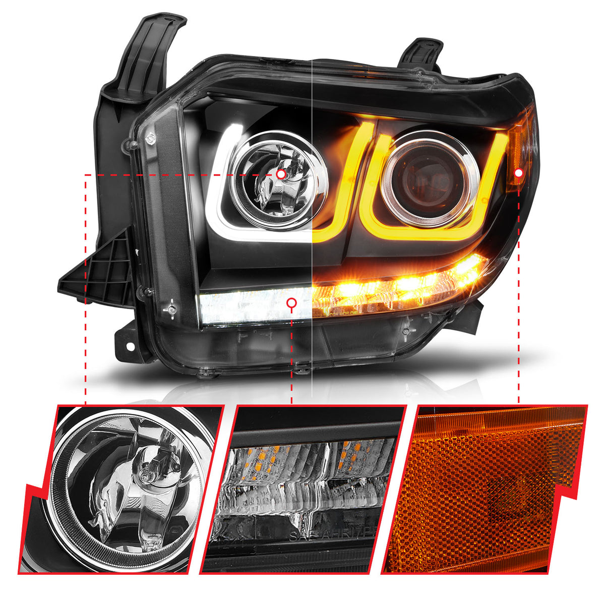 Projector Headlights W/ U-Bar Switchback Black W/ Amber Toyota Tundra 2014-2019 AnzoUSA-5