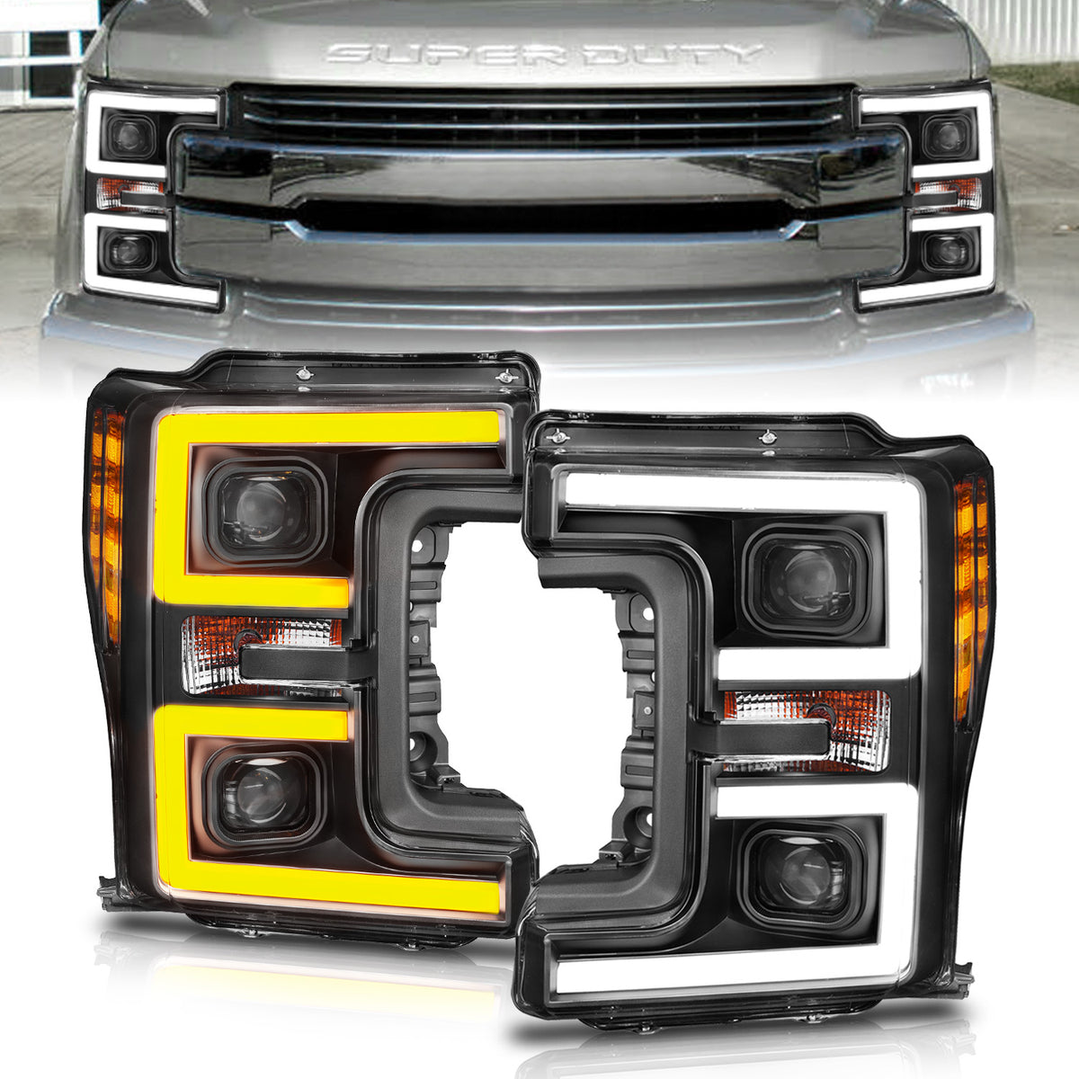 Projector Headlights W/ U-Bar Switchback Black W/ Amber Ford F-250 Super Duty/F-350/F-450 Super Duty 2017-2019 AnzoUSA-3