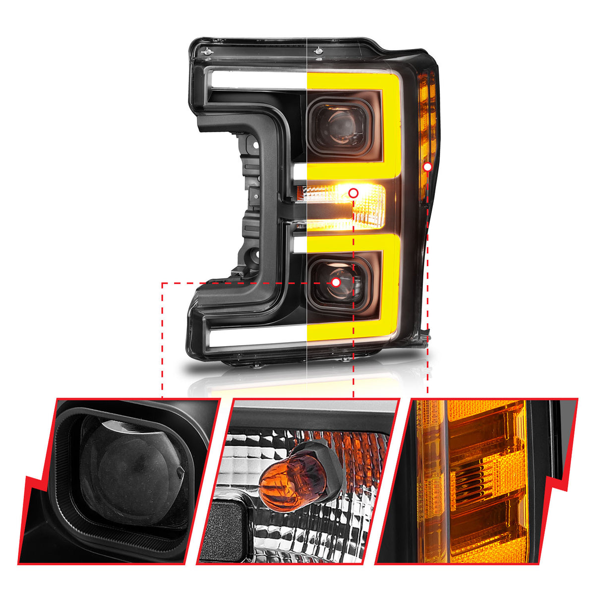 Projector Headlights W/ U-Bar Switchback Black W/ Amber Ford F-250 Super Duty/F-350/F-450 Super Duty 2017-2019 AnzoUSA-5