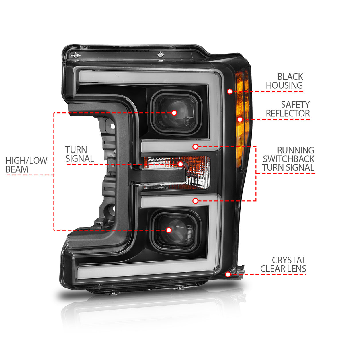 Projector Headlights W/ U-Bar Switchback Black W/ Amber Ford F-250 Super Duty/F-350/F-450 Super Duty 2017-2019 AnzoUSA-6