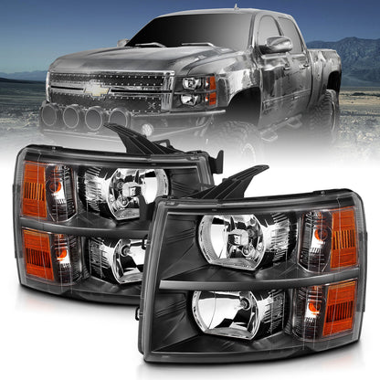 Headlight Set Crystal Headlights Black Chevrolet Silverado 1500/3500 2007-2013, 1500 HD 2007, 2500/2500 HD/3500 HD 2007-2014 AnzoUSA