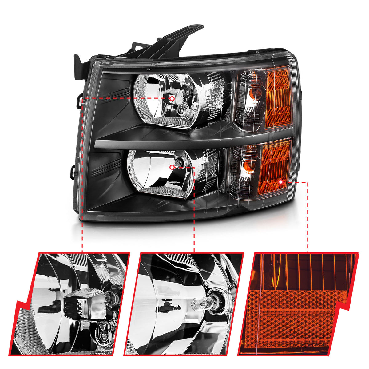 Headlight Set Crystal Headlights Black Chevrolet Silverado 1500/3500 2007-2013, 1500 HD 2007, 2500/2500 HD/3500 HD 2007-2014 AnzoUSA-2