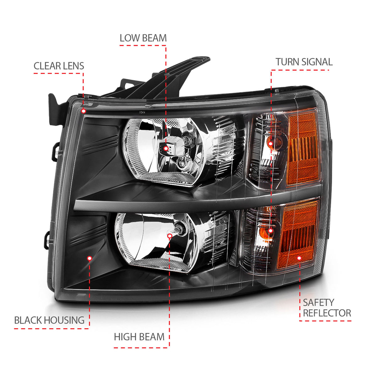 Headlight Set Crystal Headlights Black Chevrolet Silverado 1500/3500 2007-2013, 1500 HD 2007, 2500/2500 HD/3500 HD 2007-2014 AnzoUSA-3