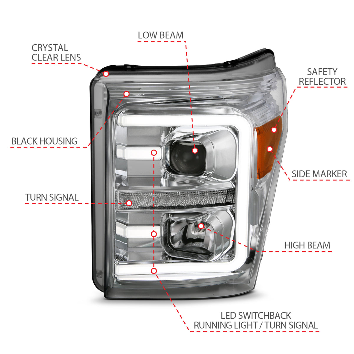 Projector Headlights W/ Plank Style Switchback Chrome W/ Amber Ford F-250 Super Duty/F-350/F-450 Super Duty 2011-2016 AnzoUSA-3
