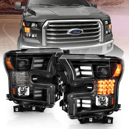 Projector Headlights W/ Plank Style Design Black W/ Amber Sequential Turn Signal Ford F-150 2015-2017 AnzoUSA