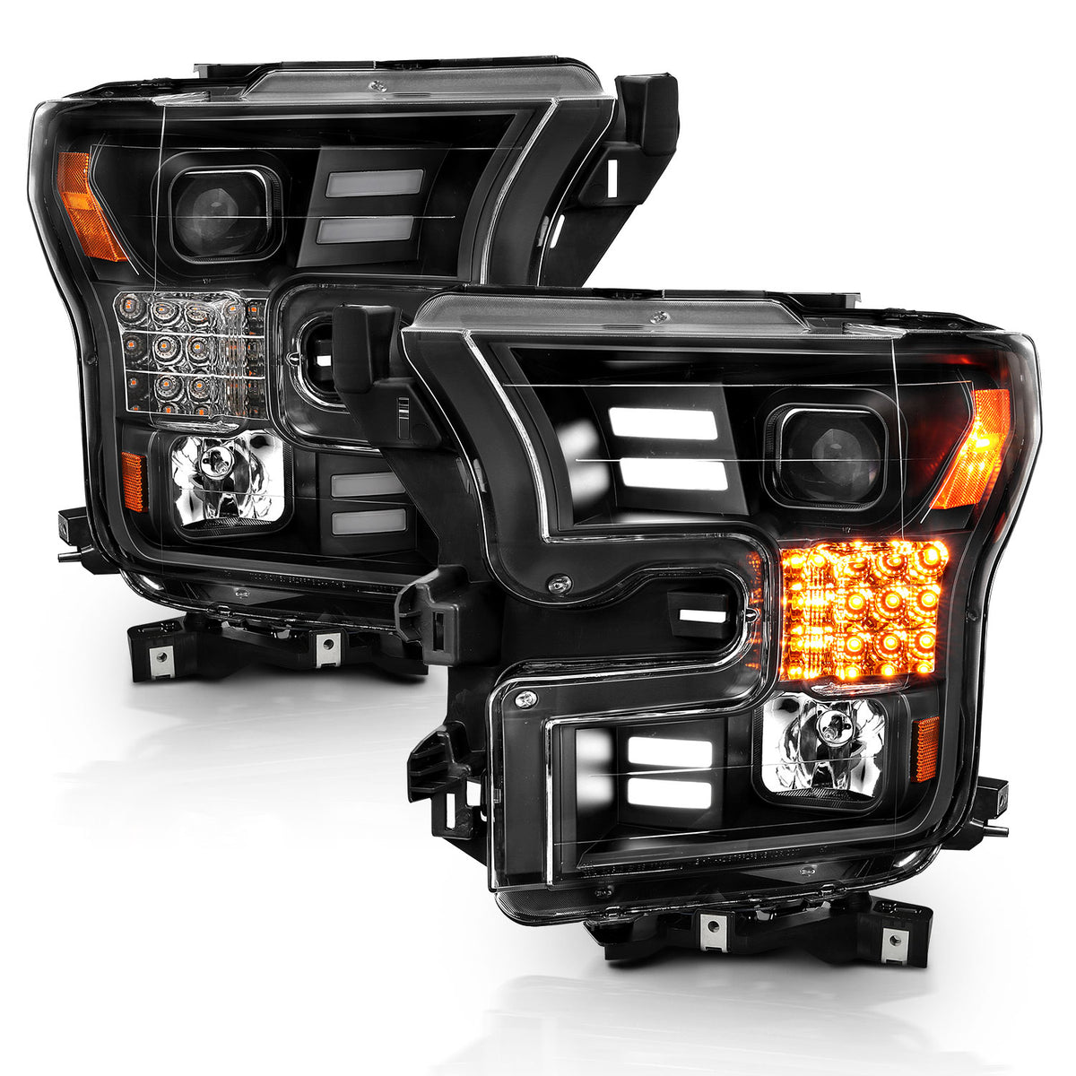 Projector Headlights W/ Plank Style Design Black W/ Amber Sequential Turn Signal Ford F-150 2015-2017 AnzoUSA-1