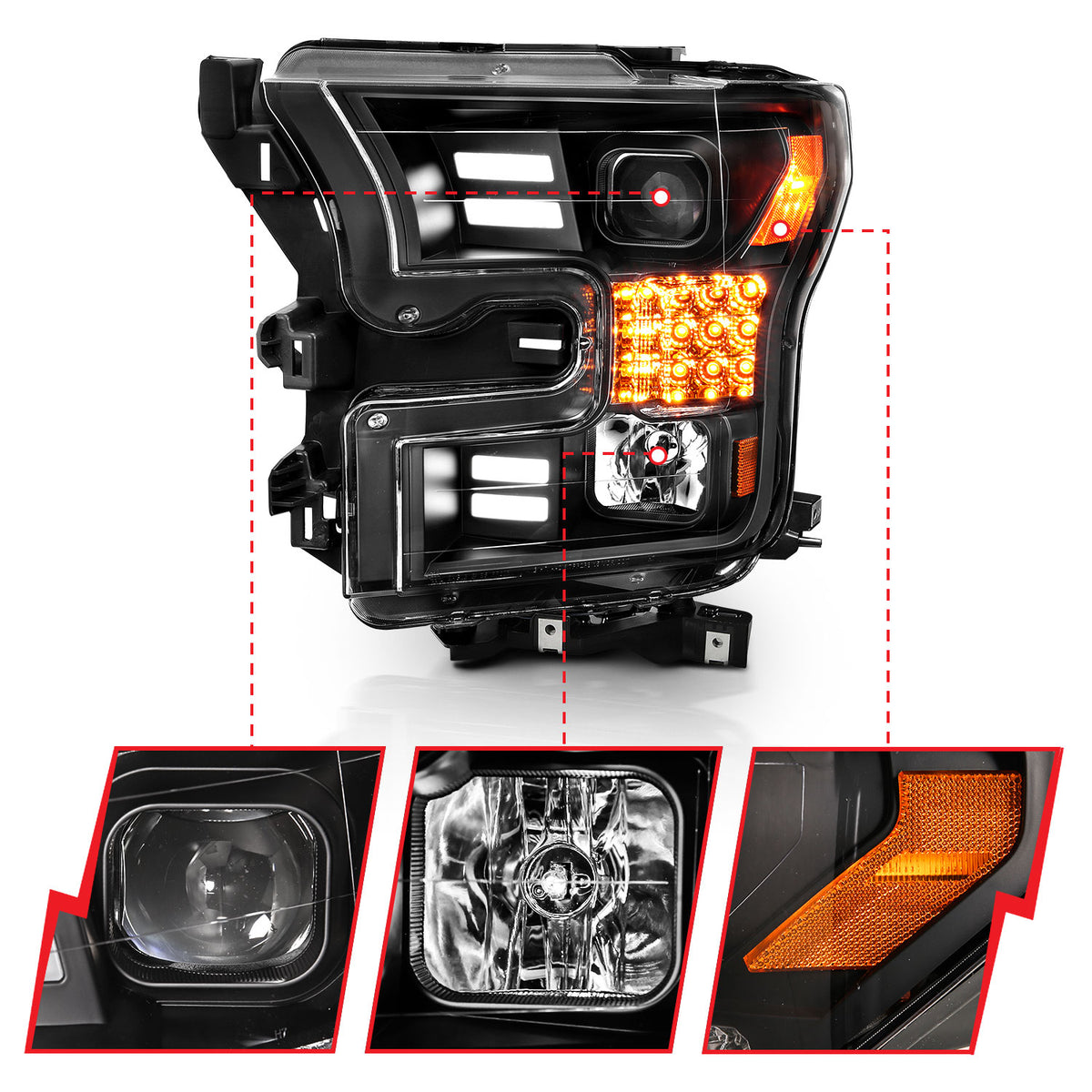 Projector Headlights W/ Plank Style Design Black W/ Amber Sequential Turn Signal Ford F-150 2015-2017 AnzoUSA-2