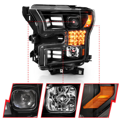 Projector Headlights W/ Plank Style Design Black W/ Amber Sequential Turn Signal Ford F-150 2015-2017 AnzoUSA-2