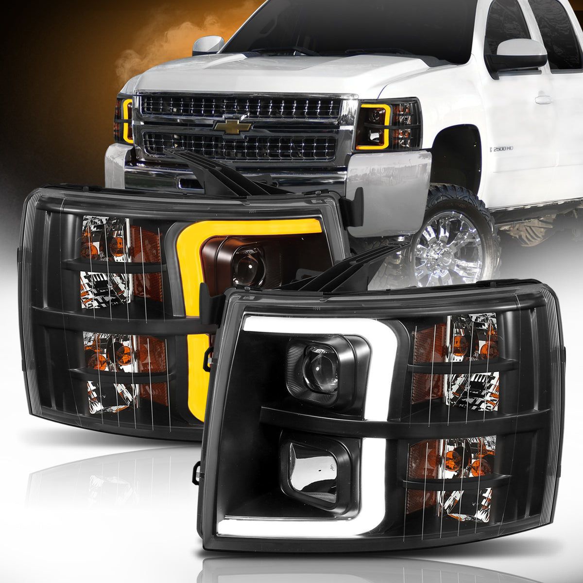 Projector Headlights W/ Plank Style Switchback Black W/ Amber Chevrolet Silverado 1500 (Not for Classic Bodystyle)/3500 (Not for Classic Bodystyle) 2007-2013, 2500/2500 HD (Not for Classic Bodystyle)/3500 HD 2007-2014 AnzoUSA