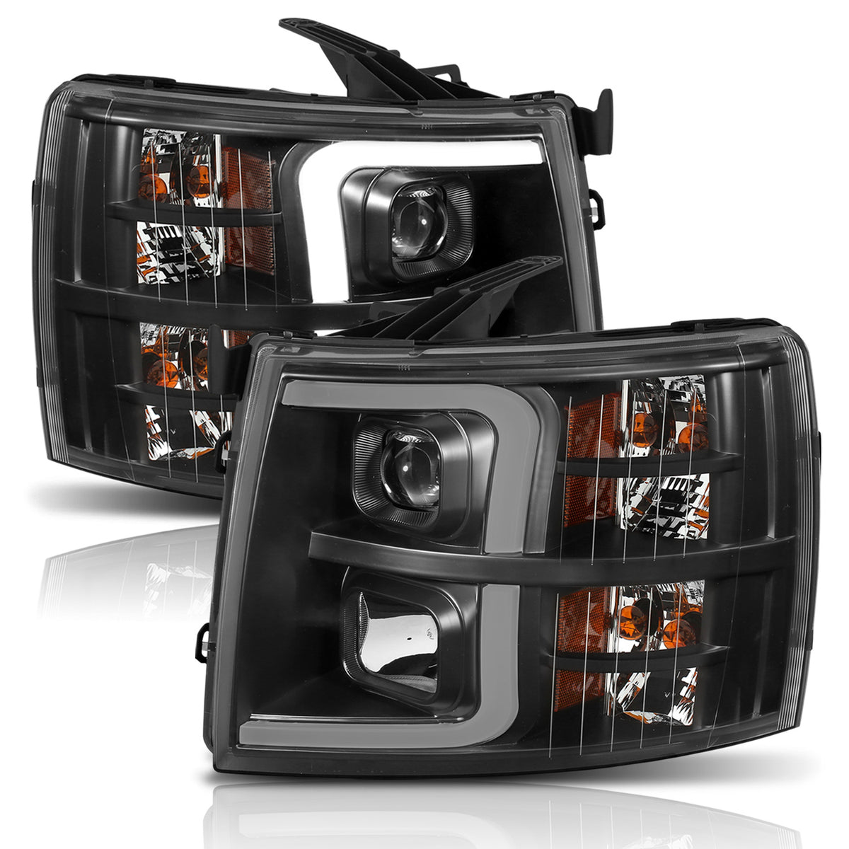 Projector Headlights W/ Plank Style Switchback Black W/ Amber Chevrolet Silverado 1500 (Not for Classic Bodystyle)/3500 (Not for Classic Bodystyle) 2007-2013, 2500/2500 HD (Not for Classic Bodystyle)/3500 HD 2007-2014 AnzoUSA-1