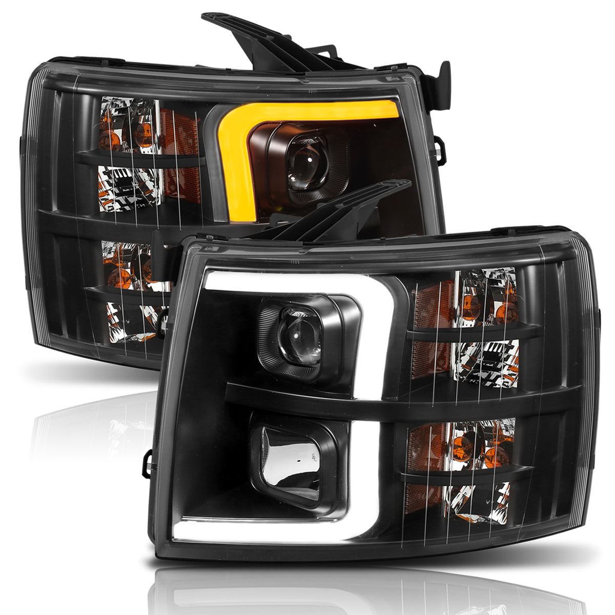 Projector Headlights W/ Plank Style Switchback Black W/ Amber Chevrolet Silverado 1500 (Not for Classic Bodystyle)/3500 (Not for Classic Bodystyle) 2007-2013, 2500/2500 HD (Not for Classic Bodystyle)/3500 HD 2007-2014 AnzoUSA-2