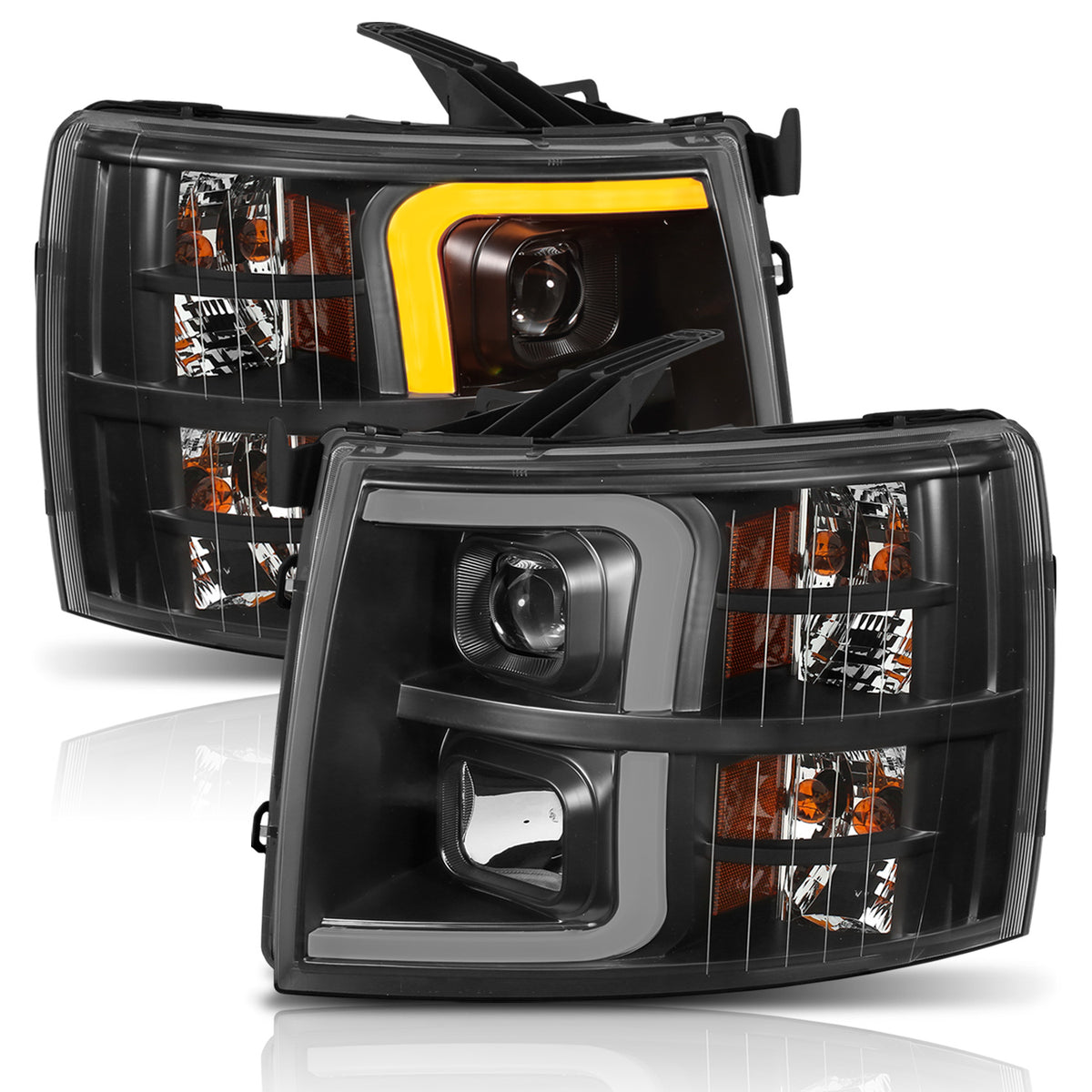Projector Headlights W/ Plank Style Switchback Black W/ Amber Chevrolet Silverado 1500 (Not for Classic Bodystyle)/3500 (Not for Classic Bodystyle) 2007-2013, 2500/2500 HD (Not for Classic Bodystyle)/3500 HD 2007-2014 AnzoUSA-3