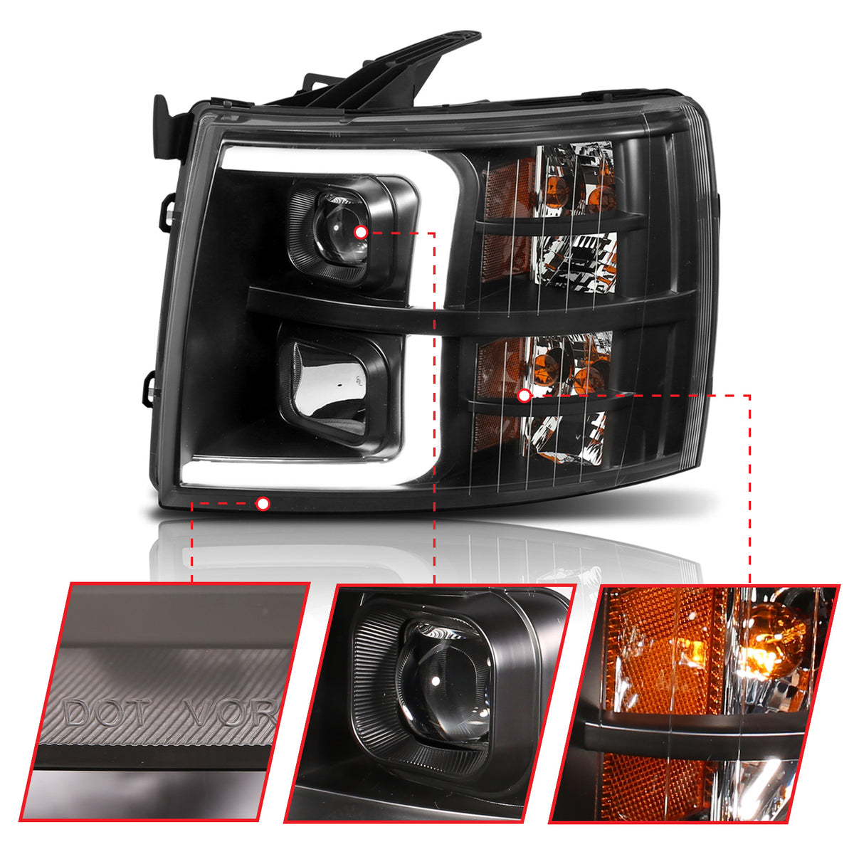 Projector Headlights W/ Plank Style Switchback Black W/ Amber Chevrolet Silverado 1500 (Not for Classic Bodystyle)/3500 (Not for Classic Bodystyle) 2007-2013, 2500/2500 HD (Not for Classic Bodystyle)/3500 HD 2007-2014 AnzoUSA-4