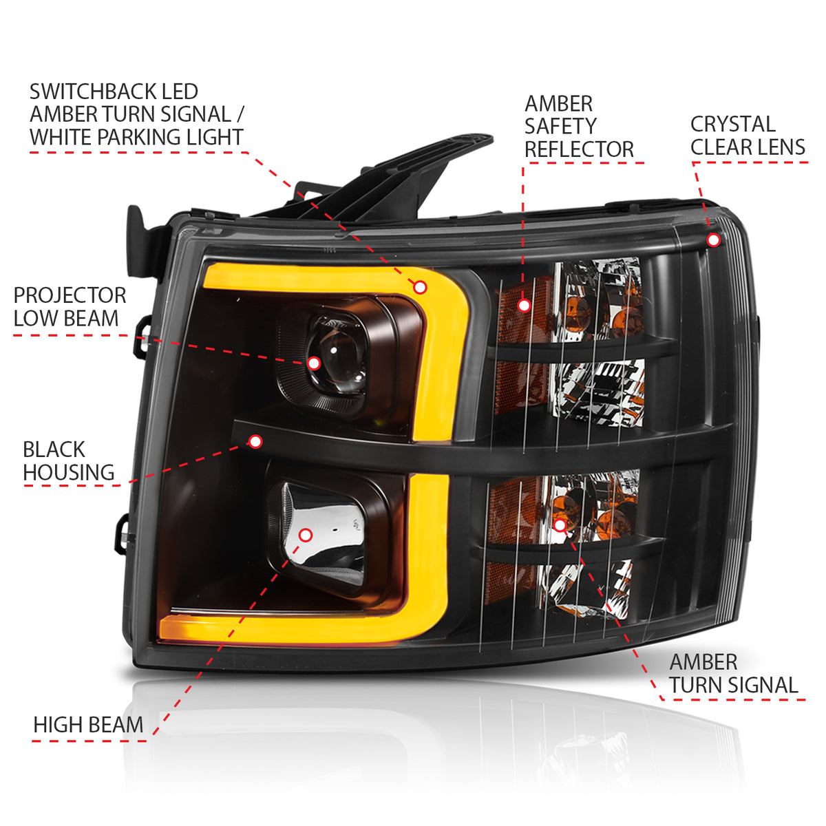 Projector Headlights W/ Plank Style Switchback Black W/ Amber Chevrolet Silverado 1500 (Not for Classic Bodystyle)/3500 (Not for Classic Bodystyle) 2007-2013, 2500/2500 HD (Not for Classic Bodystyle)/3500 HD 2007-2014 AnzoUSA-5