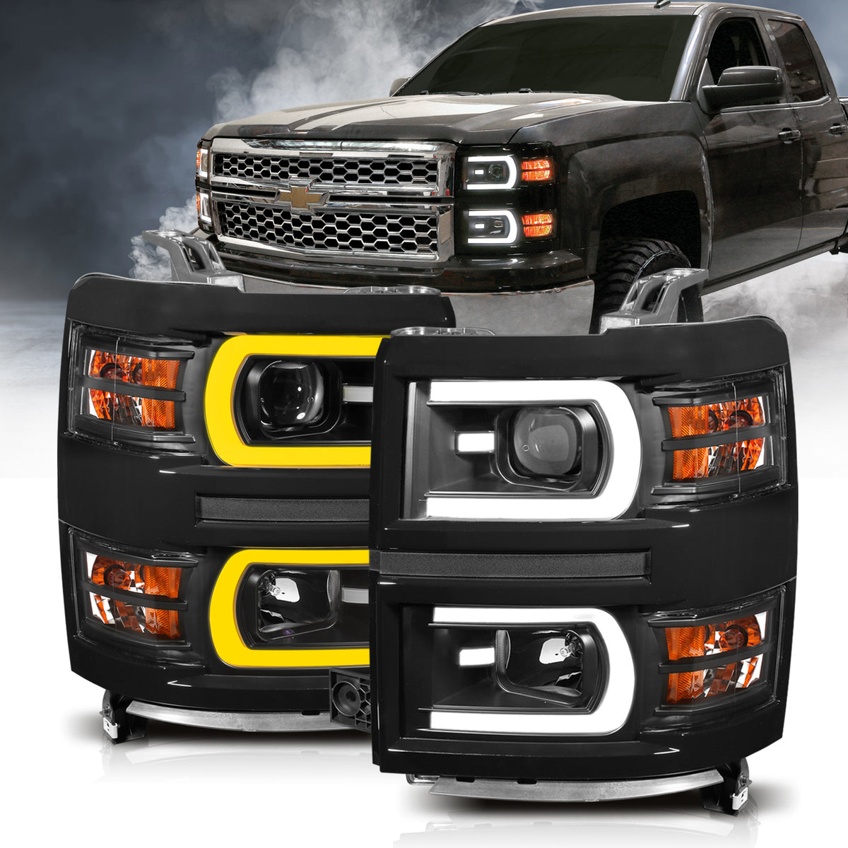 Projector Headlights W/ Plank Style Switchback Black W/ Amber Chevrolet Silverado 1500 2014-2015 AnzoUSA