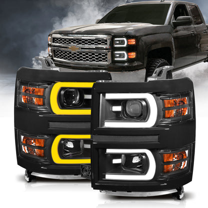 Projector Headlights W/ Plank Style Switchback Black W/ Amber Chevrolet Silverado 1500 2014-2015 AnzoUSA