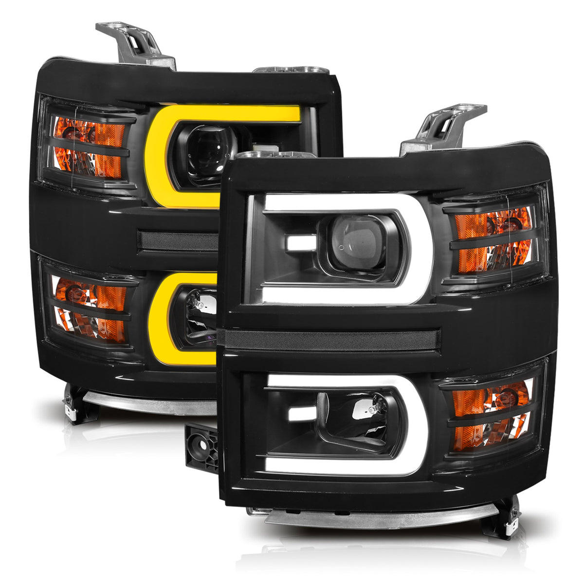 Projector Headlights W/ Plank Style Switchback Black W/ Amber Chevrolet Silverado 1500 2014-2015 AnzoUSA-1