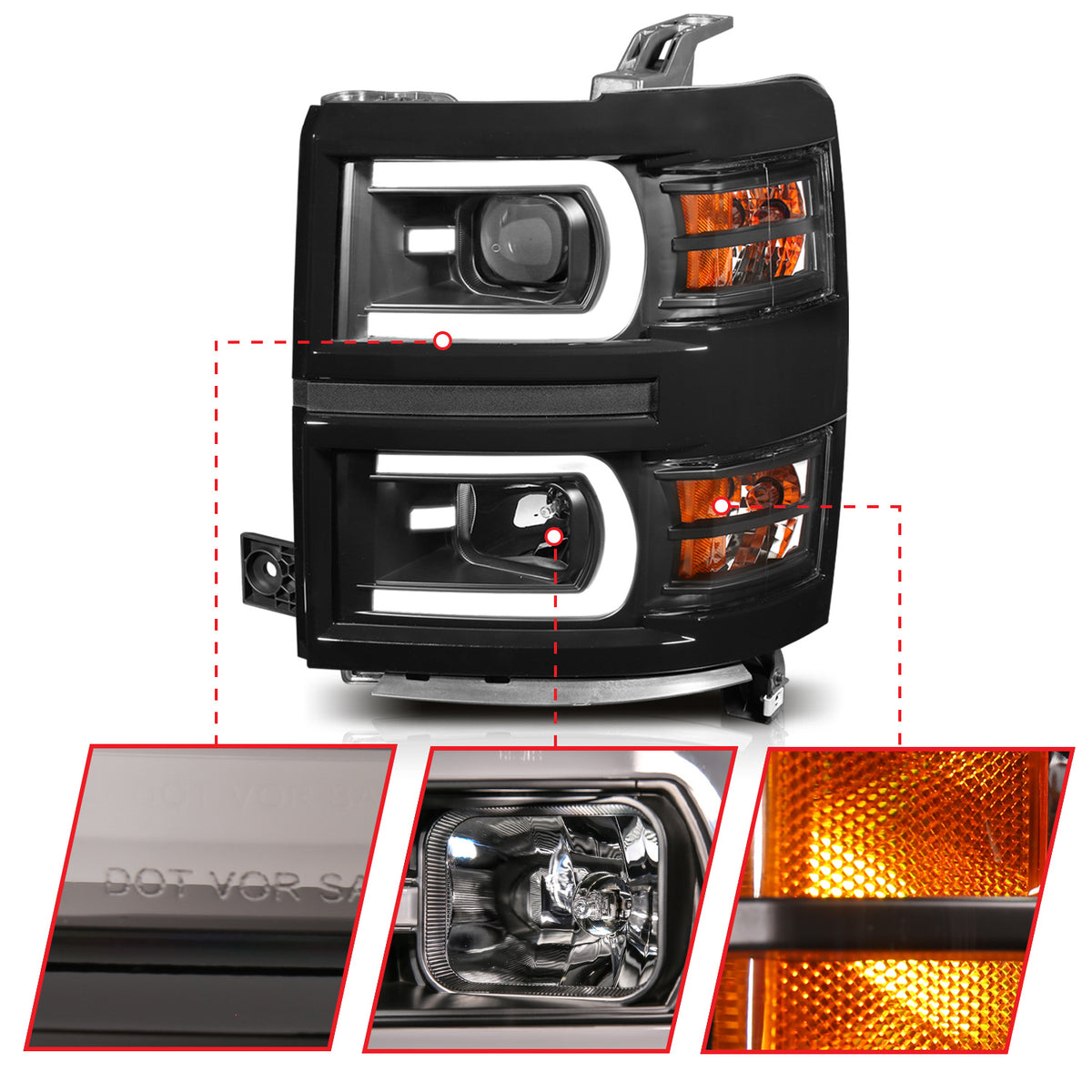 Projector Headlights W/ Plank Style Switchback Black W/ Amber Chevrolet Silverado 1500 2014-2015 AnzoUSA-2