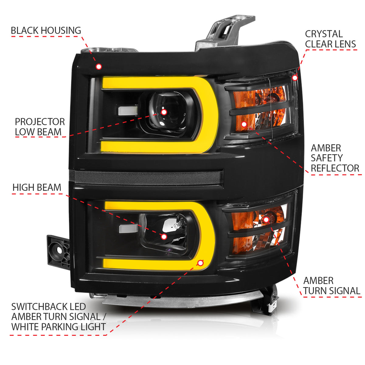 Projector Headlights W/ Plank Style Switchback Black W/ Amber Chevrolet Silverado 1500 2014-2015 AnzoUSA-3