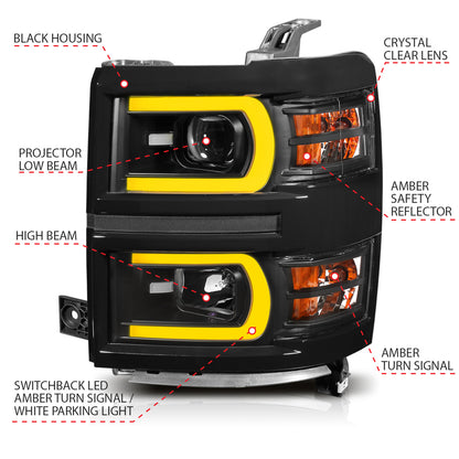 Projector Headlights W/ Plank Style Switchback Black W/ Amber Chevrolet Silverado 1500 2014-2015 AnzoUSA-3