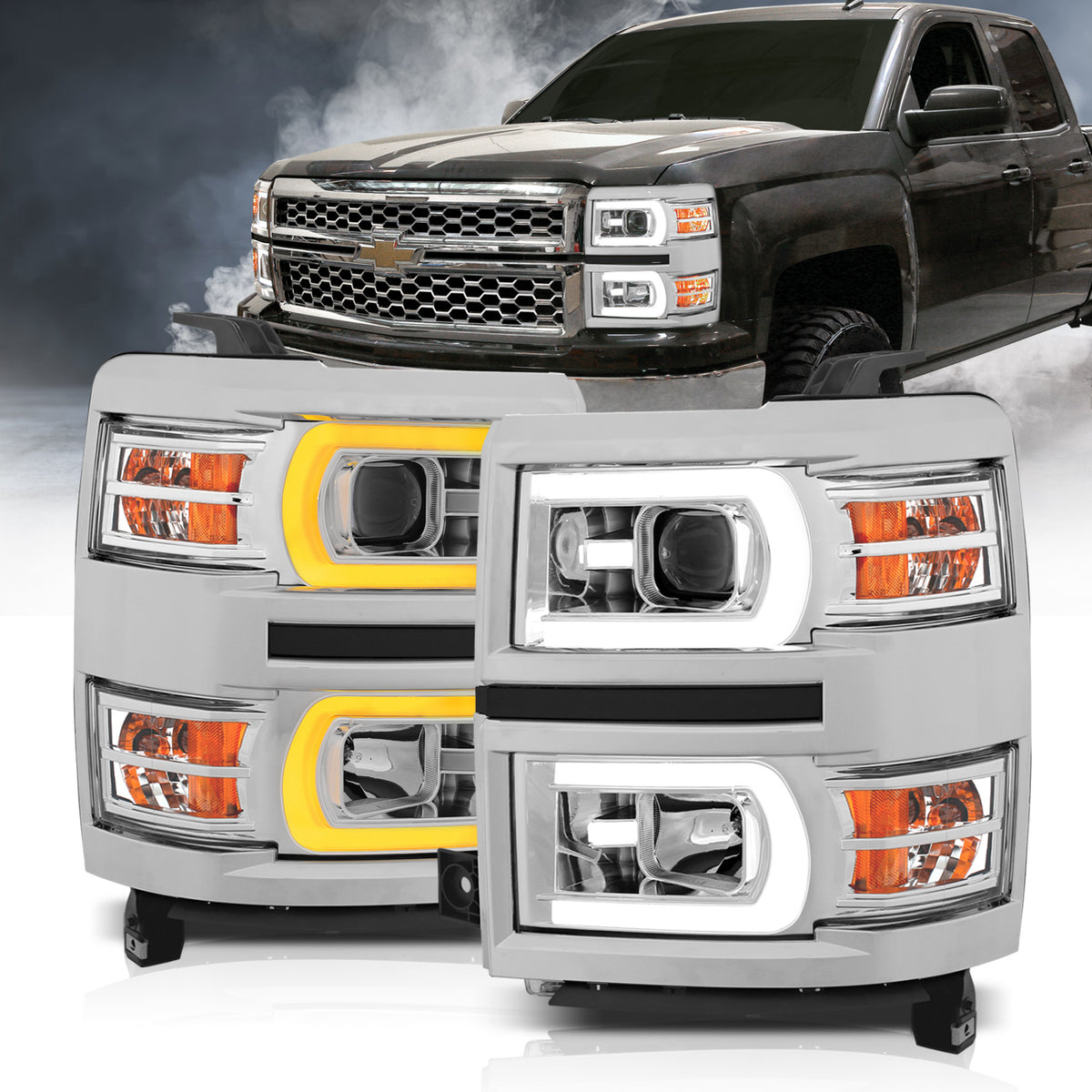 Projector Headlights W/ Plank Style Switchback Chrome W/ Amber Chevrolet Silverado 1500 2014-2015 AnzoUSA