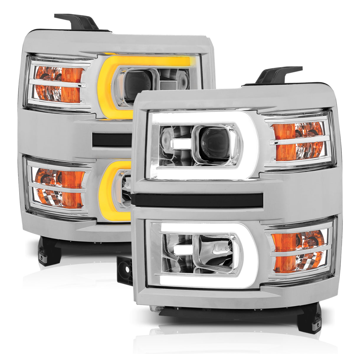 Projector Headlights W/ Plank Style Switchback Chrome W/ Amber Chevrolet Silverado 1500 2014-2015 AnzoUSA-1