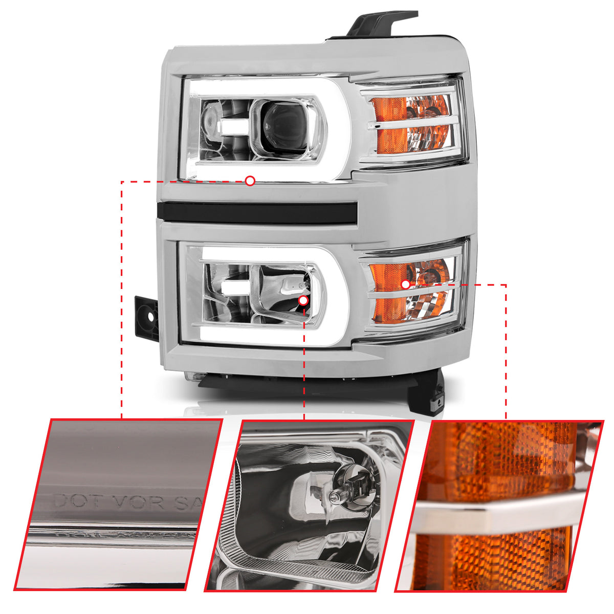 Projector Headlights W/ Plank Style Switchback Chrome W/ Amber Chevrolet Silverado 1500 2014-2015 AnzoUSA-2