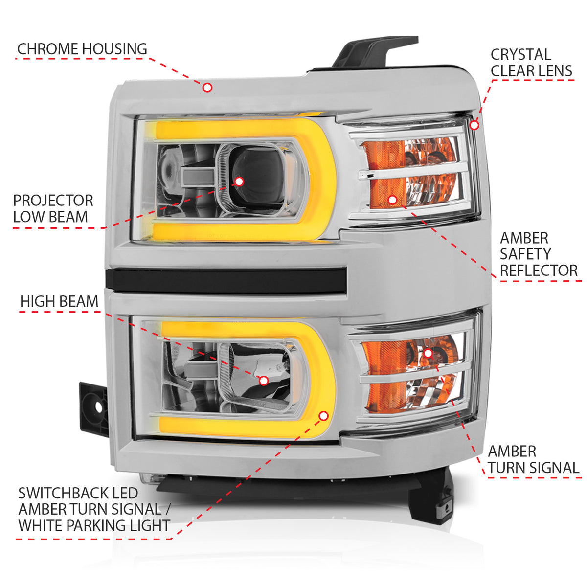 Projector Headlights W/ Plank Style Switchback Chrome W/ Amber Chevrolet Silverado 1500 2014-2015 AnzoUSA-3