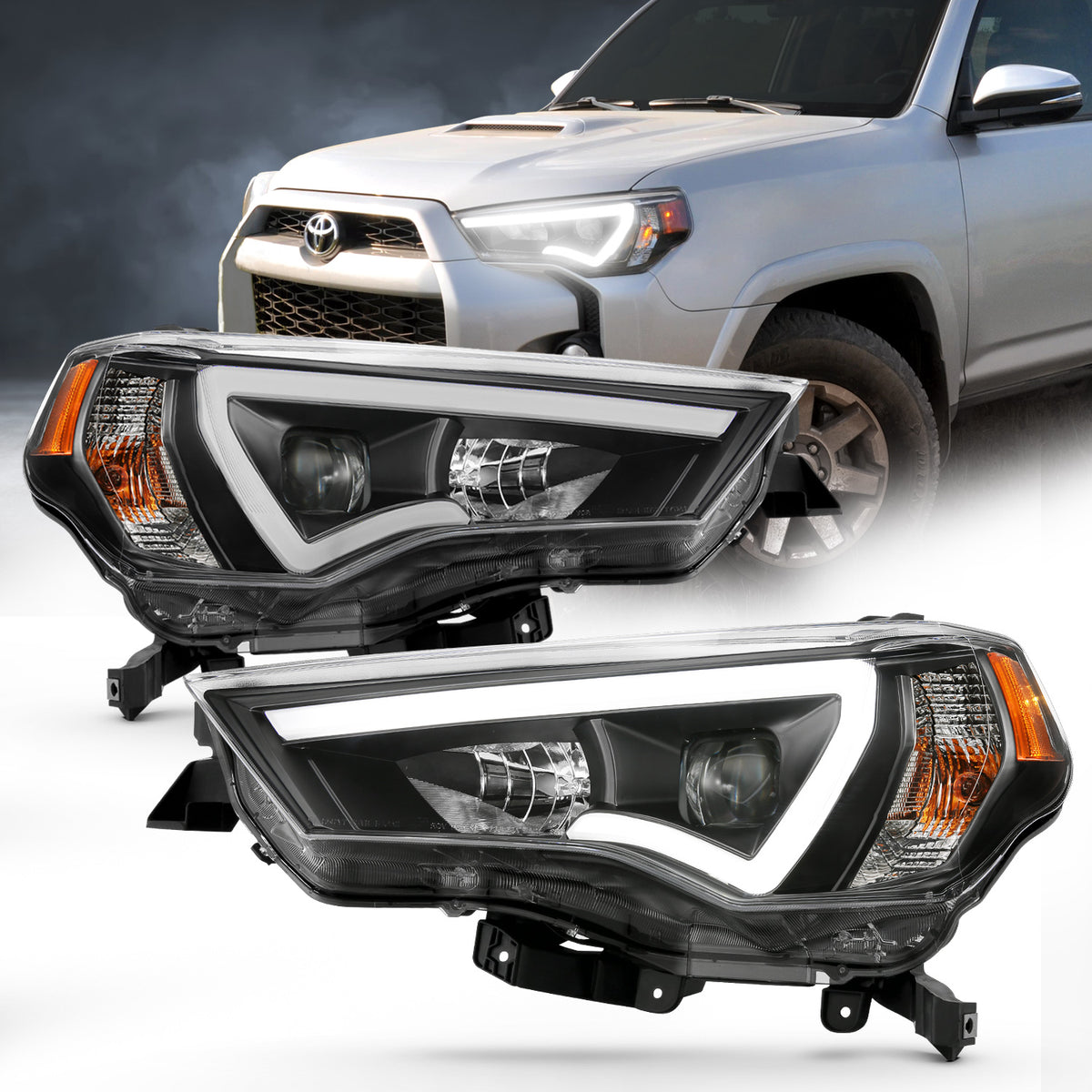 Projector Headlights W/ Plank Style Switchback Black W/ Amber Toyota 4Runner 2014-2021 AnzoUSA