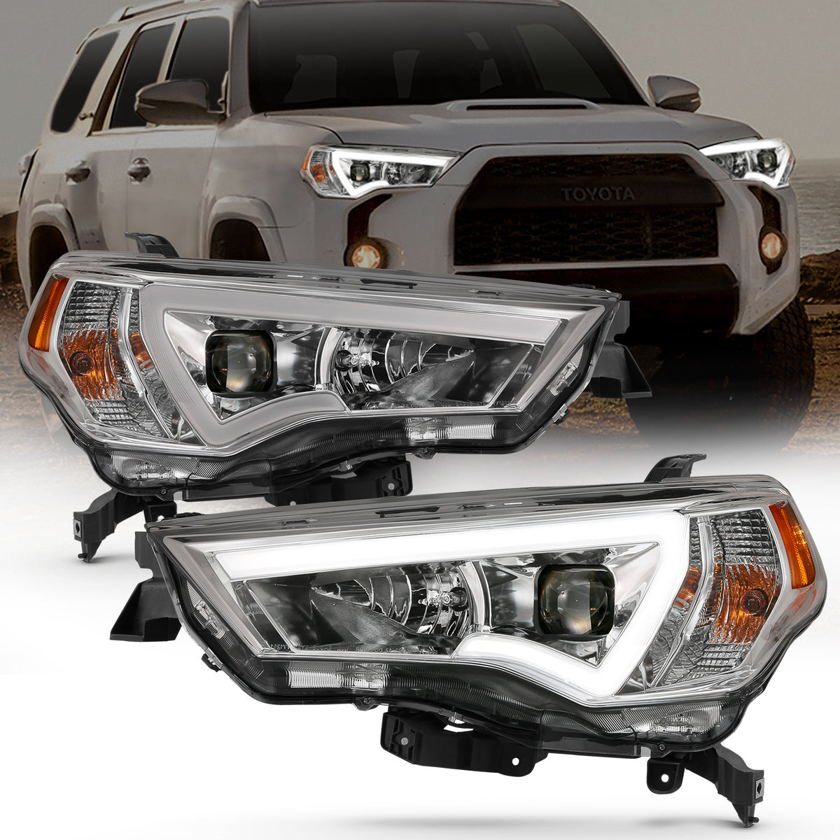 Projector Headlights W/ Plank Style Switchback Chrome W/ Amber Toyota 4Runner 2014-2021 AnzoUSA