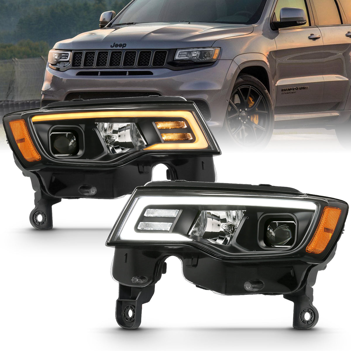 Projector Headlights W/ Plank Style Switchback Black W/ Amber Jeep Grand Cherokee 2017-2021, Cherokee WK 2022 AnzoUSA