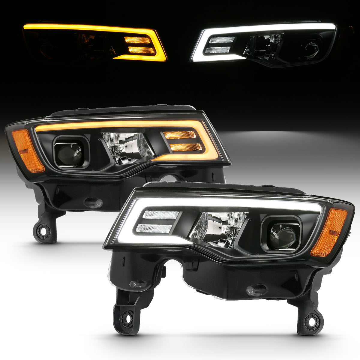Projector Headlights W/ Plank Style Switchback Black W/ Amber Jeep Grand Cherokee 2017-2021, Cherokee WK 2022 AnzoUSA-1