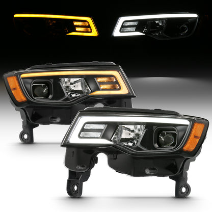 Projector Headlights W/ Plank Style Switchback Black W/ Amber Jeep Grand Cherokee 2017-2021, Cherokee WK 2022 AnzoUSA-1