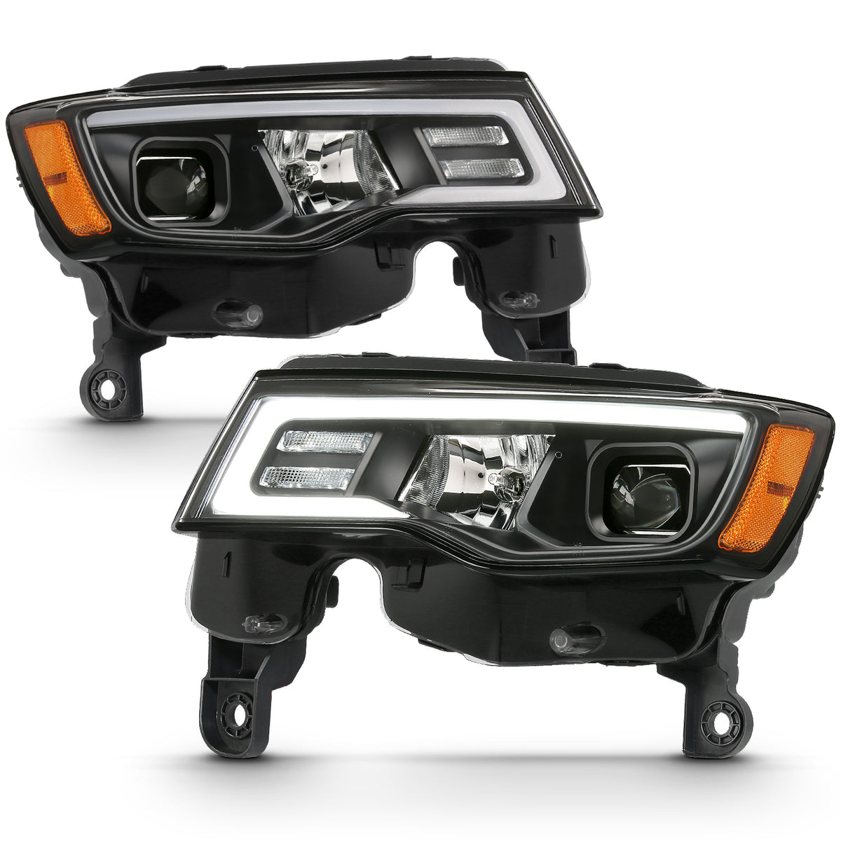 Projector Headlights W/ Plank Style Switchback Black W/ Amber Jeep Grand Cherokee 2017-2021, Cherokee WK 2022 AnzoUSA-2