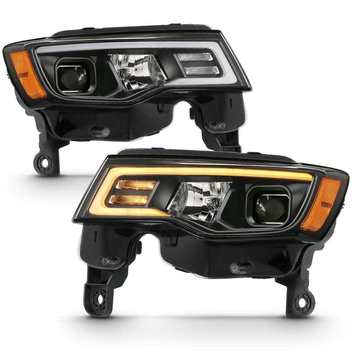 Projector Headlights W/ Plank Style Switchback Black W/ Amber Jeep Grand Cherokee 2017-2021, Cherokee WK 2022 AnzoUSA-3