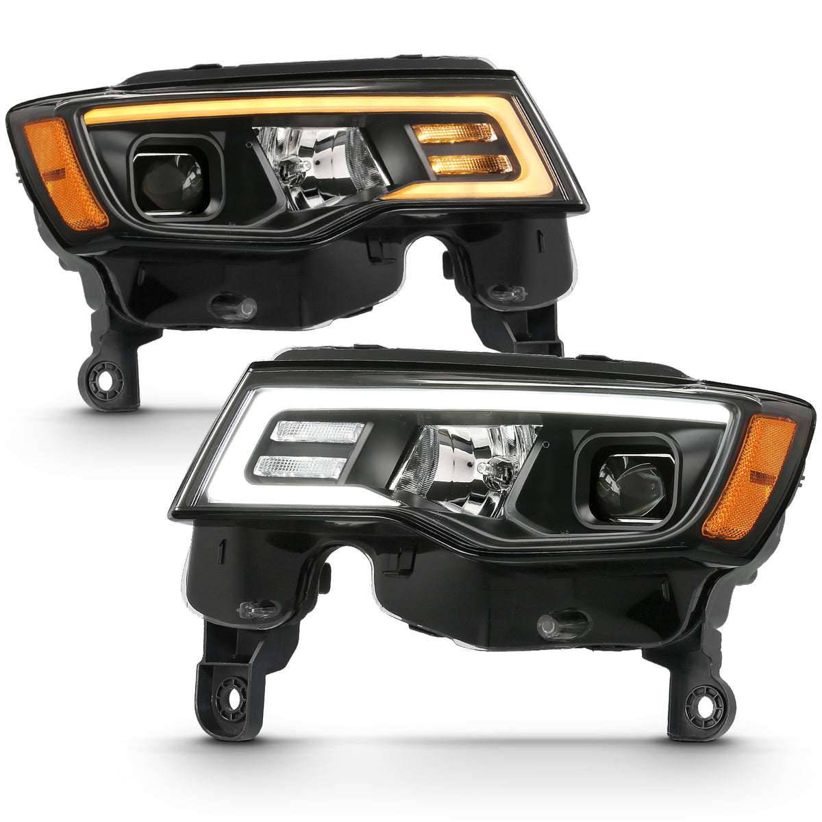 Projector Headlights W/ Plank Style Switchback Black W/ Amber Jeep Grand Cherokee 2017-2021, Cherokee WK 2022 AnzoUSA-4