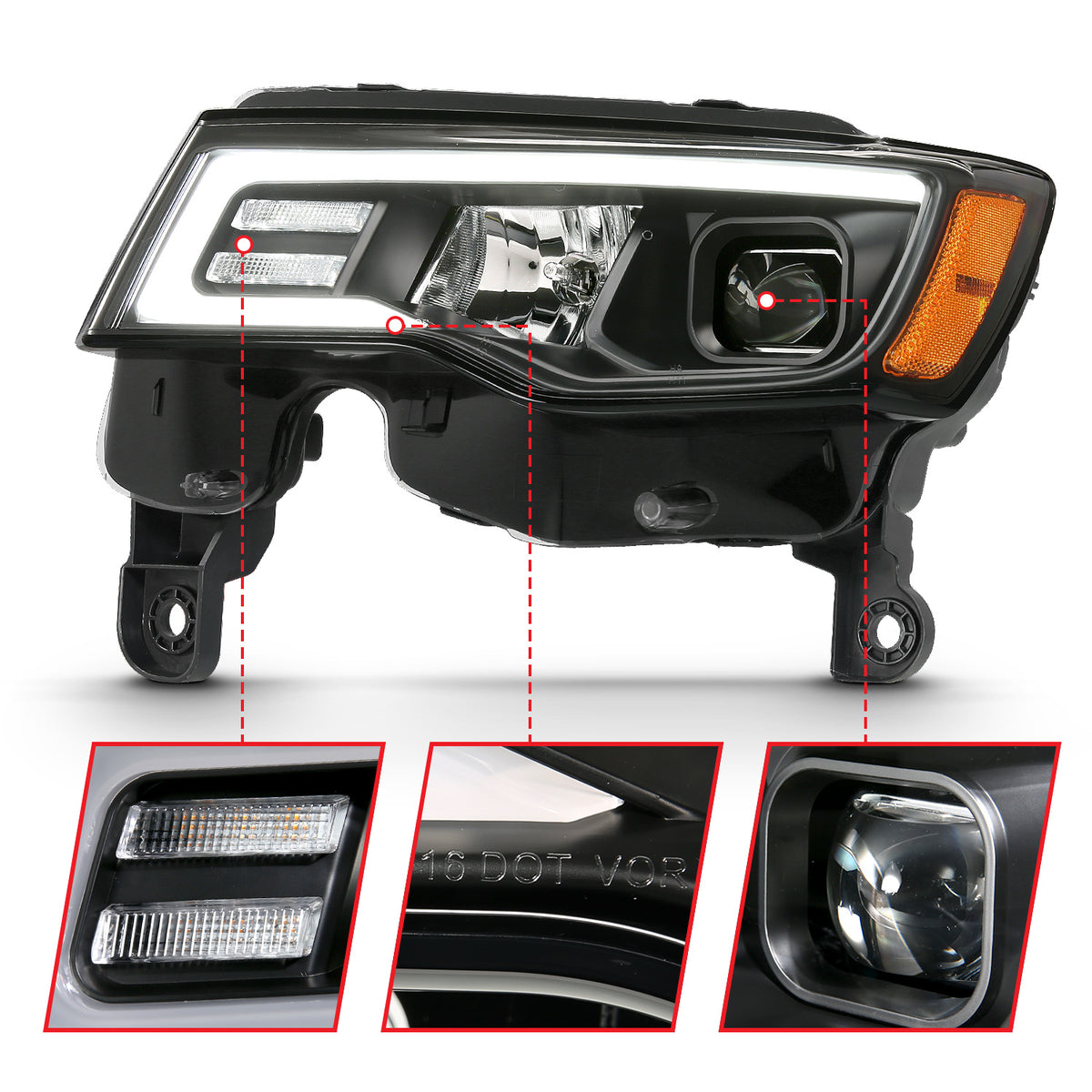 Projector Headlights W/ Plank Style Switchback Black W/ Amber Jeep Grand Cherokee 2017-2021, Cherokee WK 2022 AnzoUSA-5