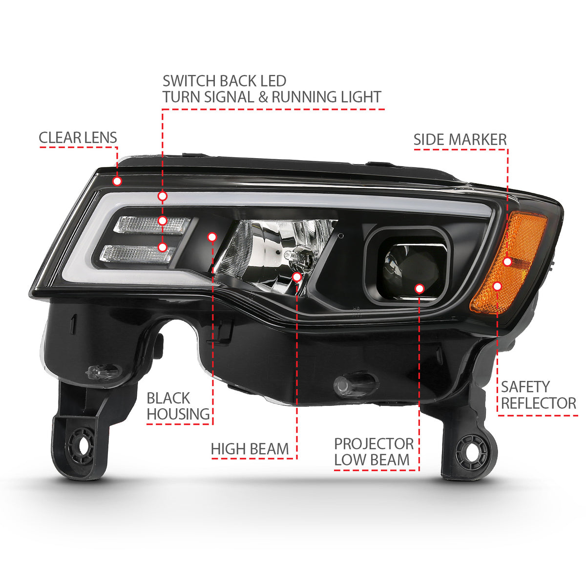 Projector Headlights W/ Plank Style Switchback Black W/ Amber Jeep Grand Cherokee 2017-2021, Cherokee WK 2022 AnzoUSA-6